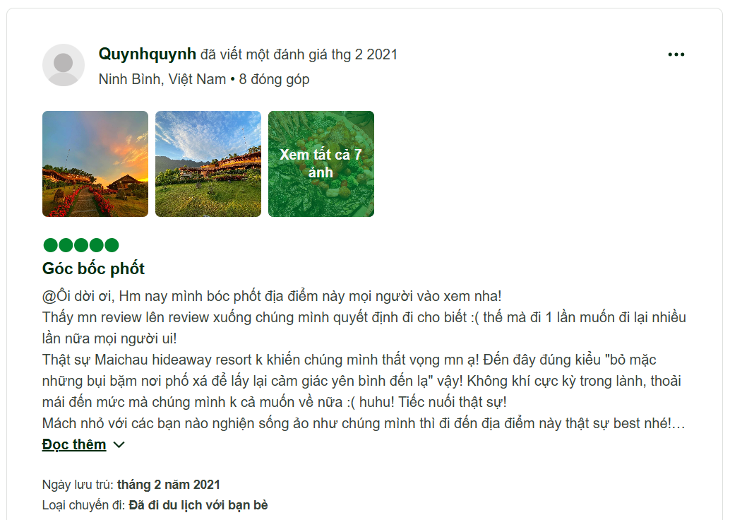 Mai Chau Hideaway Lake Resort Hòa Bình - phản hồi khách 2
